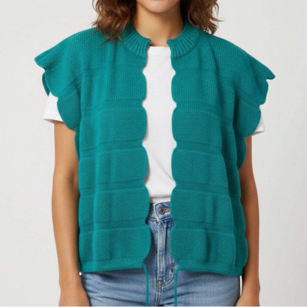 Vintage Jack Winter Teal Scalloped Open Front Sweater Vest Large Retro Mod 80s